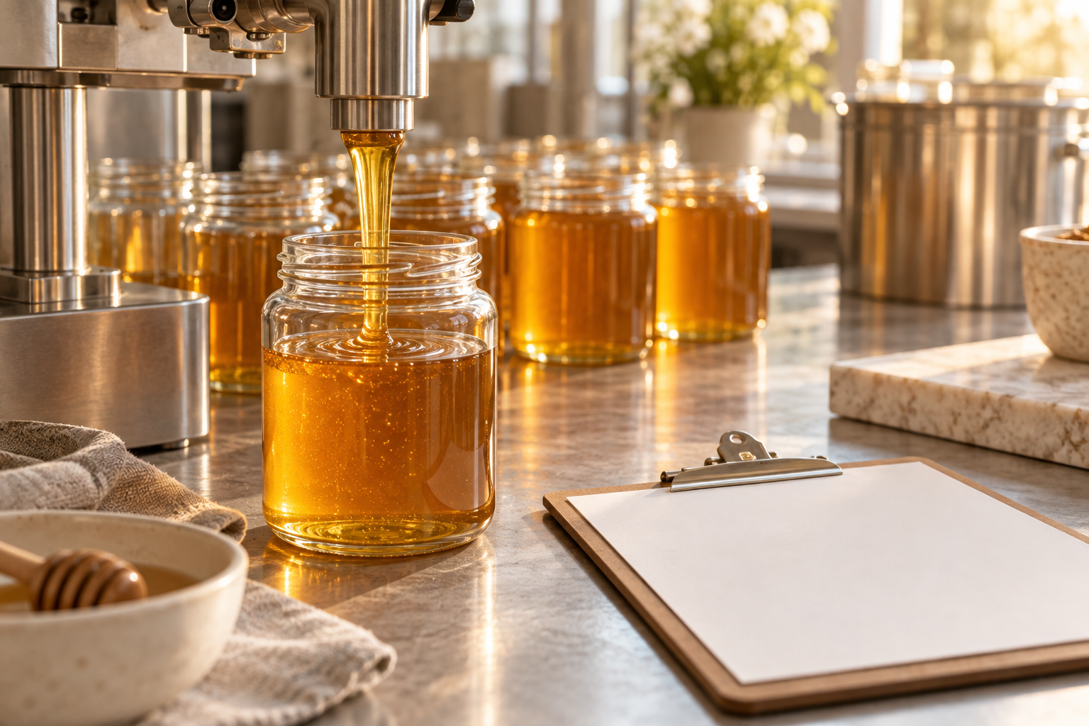 honey jar filling temperature record sheet beside a stainless filling nozzle over open glass jars