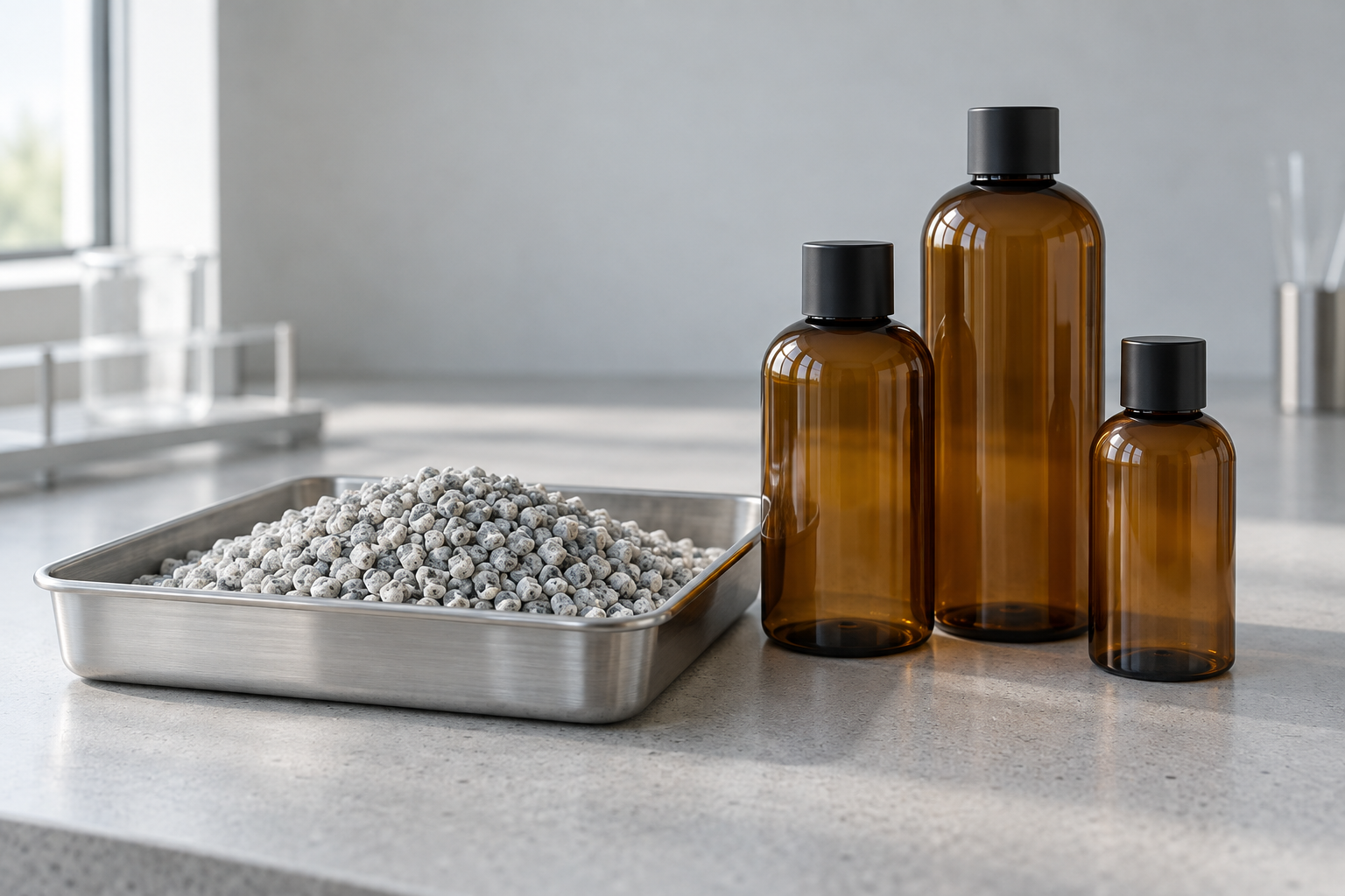 pcr content verification of recycled plastic pellets beside finished amber bottles in a laboratory