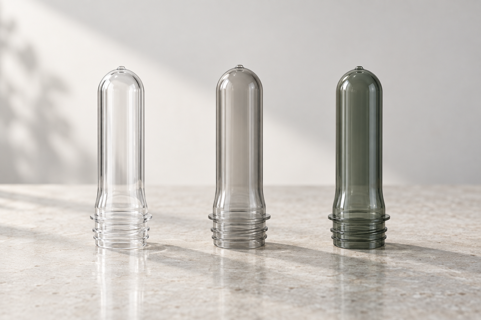 pcr content verification colour comparison of three recycled plastic bottle preforms in grey and natural tones