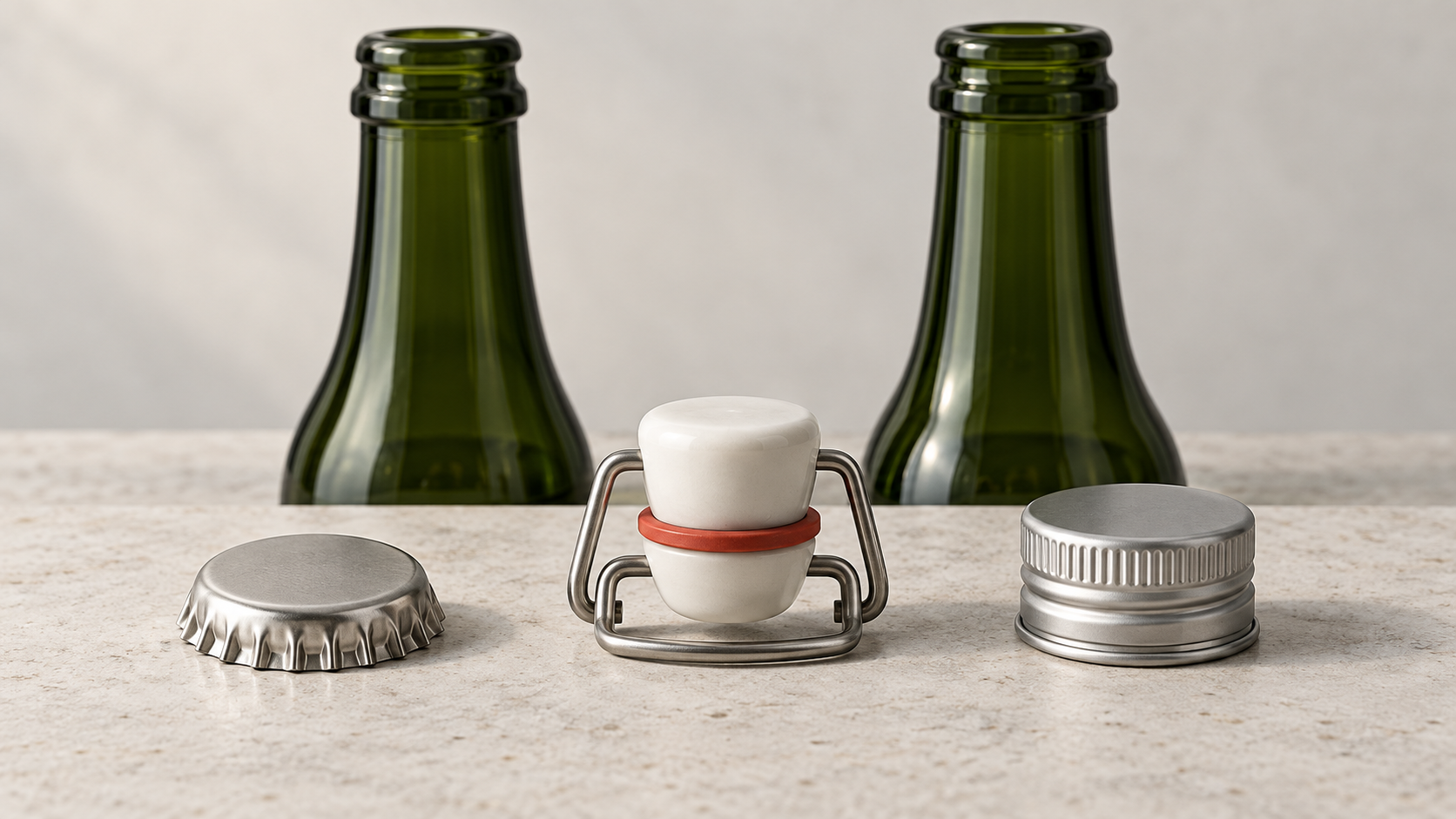 kombucha bottle pressure test closures with crown caps and swing top closures laid out beside glass bottles