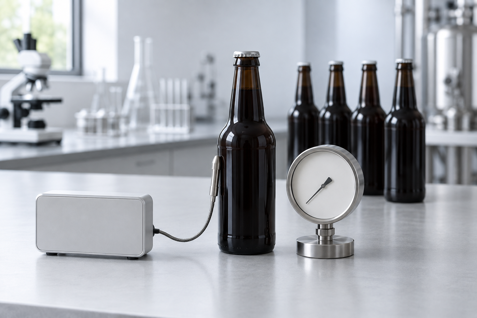 kombucha bottle pressure test monitored with a temperature logger and pressure gauge beside filled glass bottles