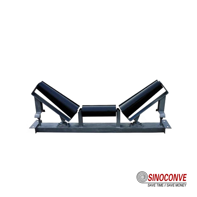 black three-roll conveyor idler frame for belt alignment checks