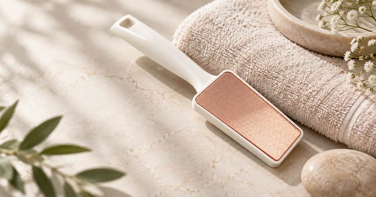 Rose gold foot file skin care scene