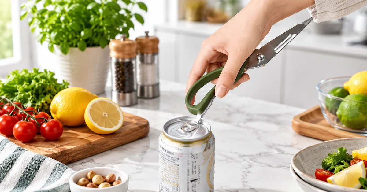 Multifunction kitchen scissors can opener scene