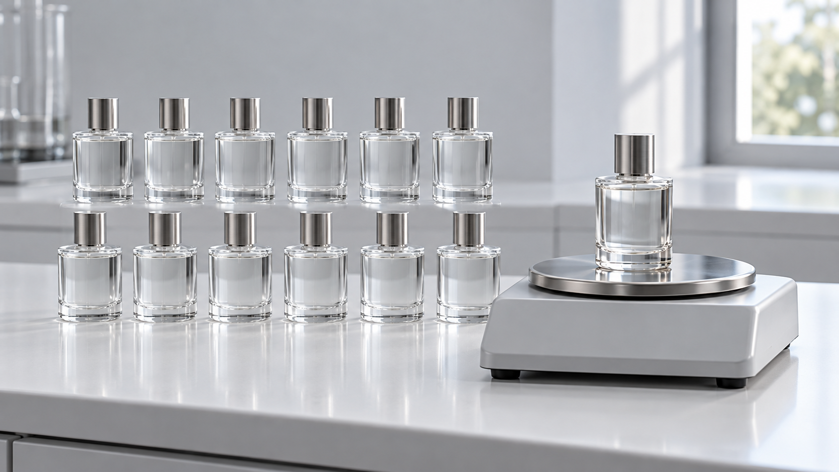 Dispositivo para medir la pérdida de peso por evaporación de frascos de perfume con doce frascos de perfume de vidrio llenos sobre un banco de balanza en un gabinete controlado.