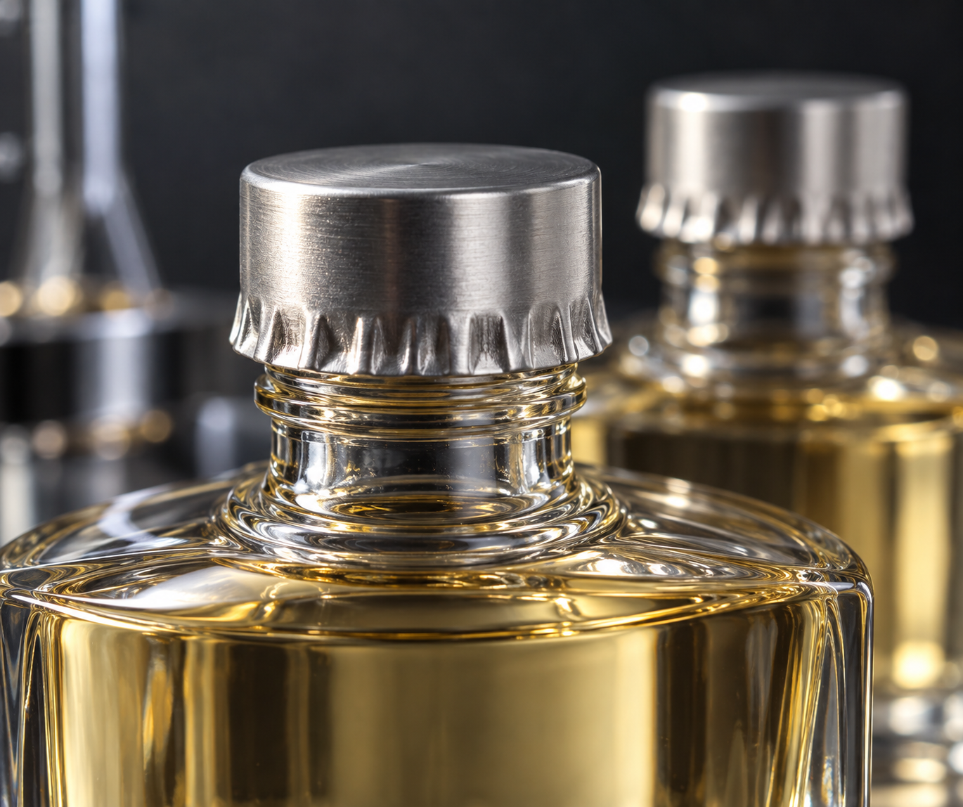 Inspección de la pérdida por evaporación de un frasco de perfume: primer plano del collar de bombeo engarzado y el acabado del cuello en un frasco de perfume de vidrio.