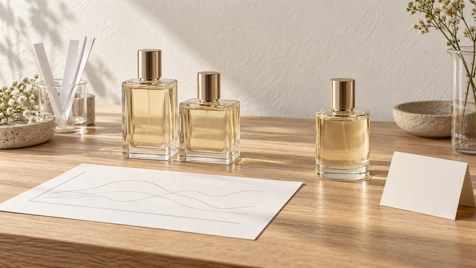 Revisión de la curva de pérdida por evaporación de un frasco de perfume en un gráfico junto a muestras de frascos de fragancia en tres puntos de control.