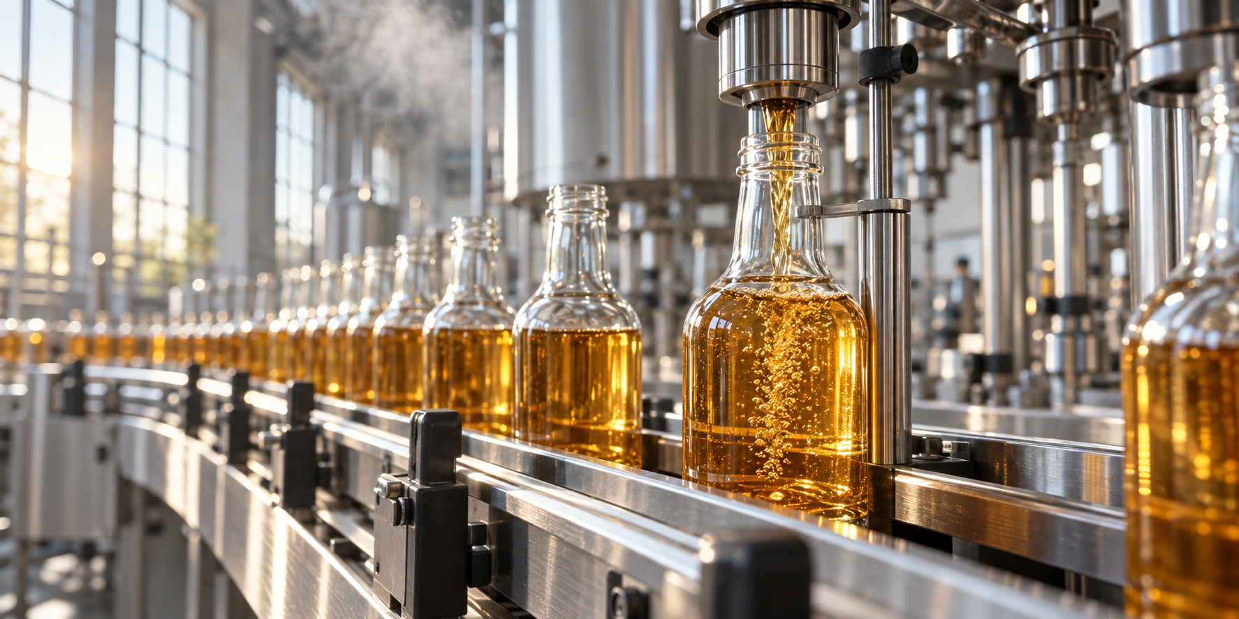 Contrôle du niveau de remplissage des bouteilles de boissons sur une ligne de remplissage à chaud, avec des bouteilles de jus en verre sous une buse de remplissage et une jauge de niveau.