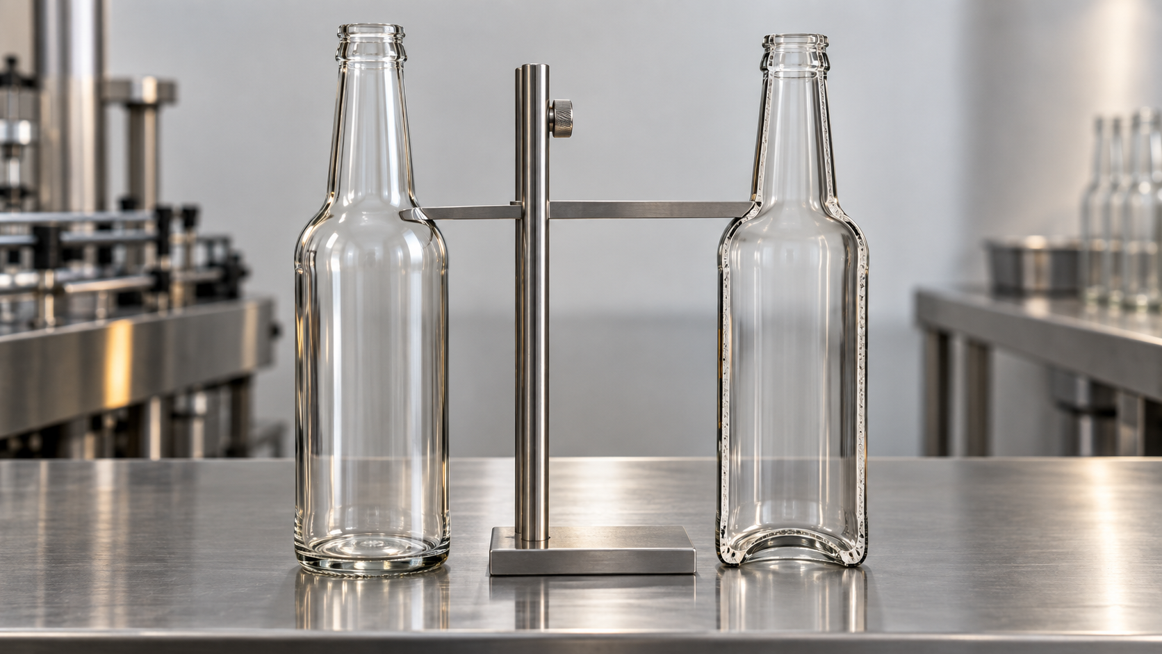 Jauge de référence pour le niveau de remplissage des bouteilles de boissons, avec une bouteille en verre au niveau du goulot correct à côté d'une bouteille témoin graduée.