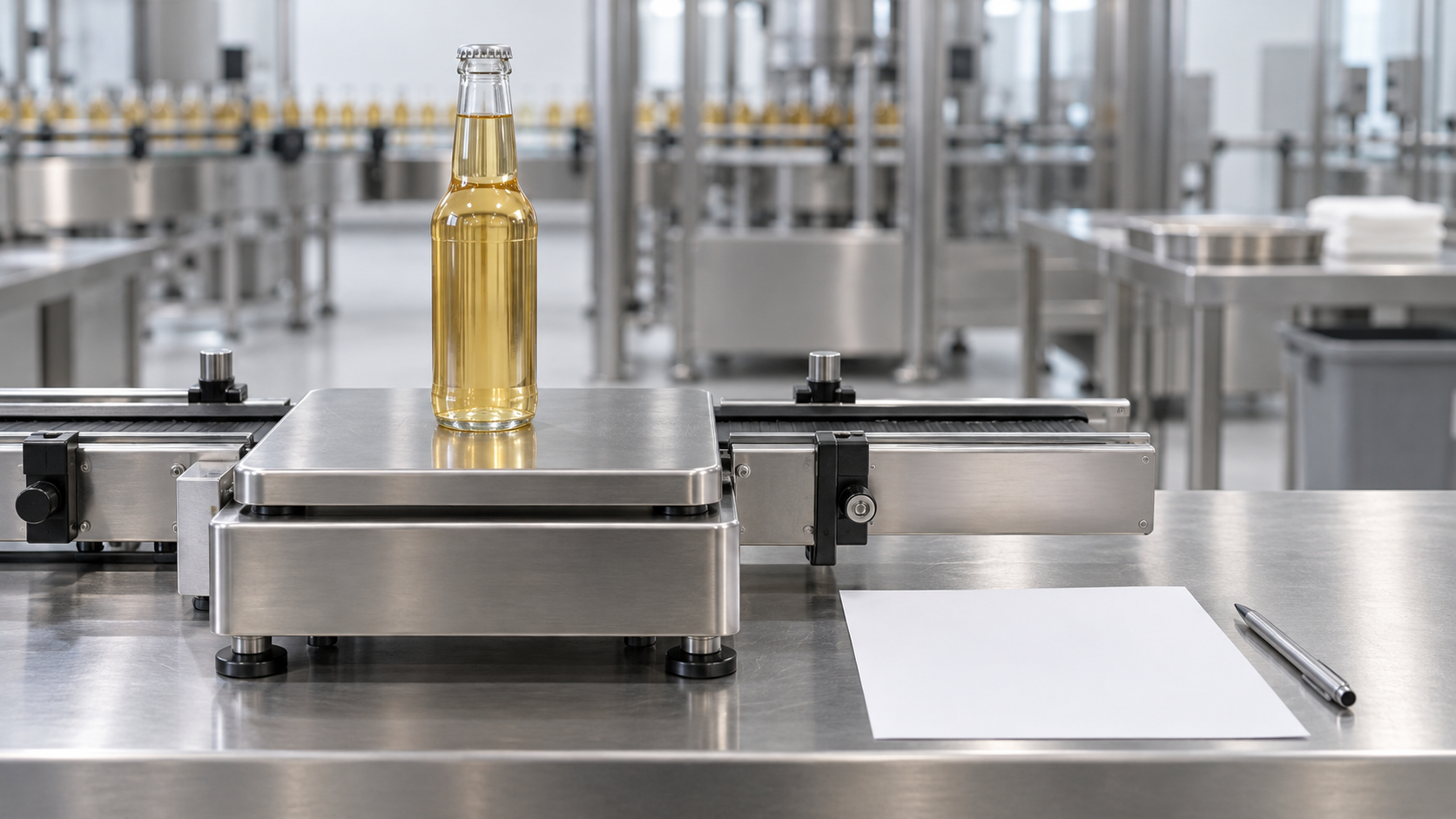 Feuille d'enregistrement du niveau de remplissage des bouteilles de boissons placée à côté des bouteilles en verre sur une trieuse pondérale avec enregistrement de la température