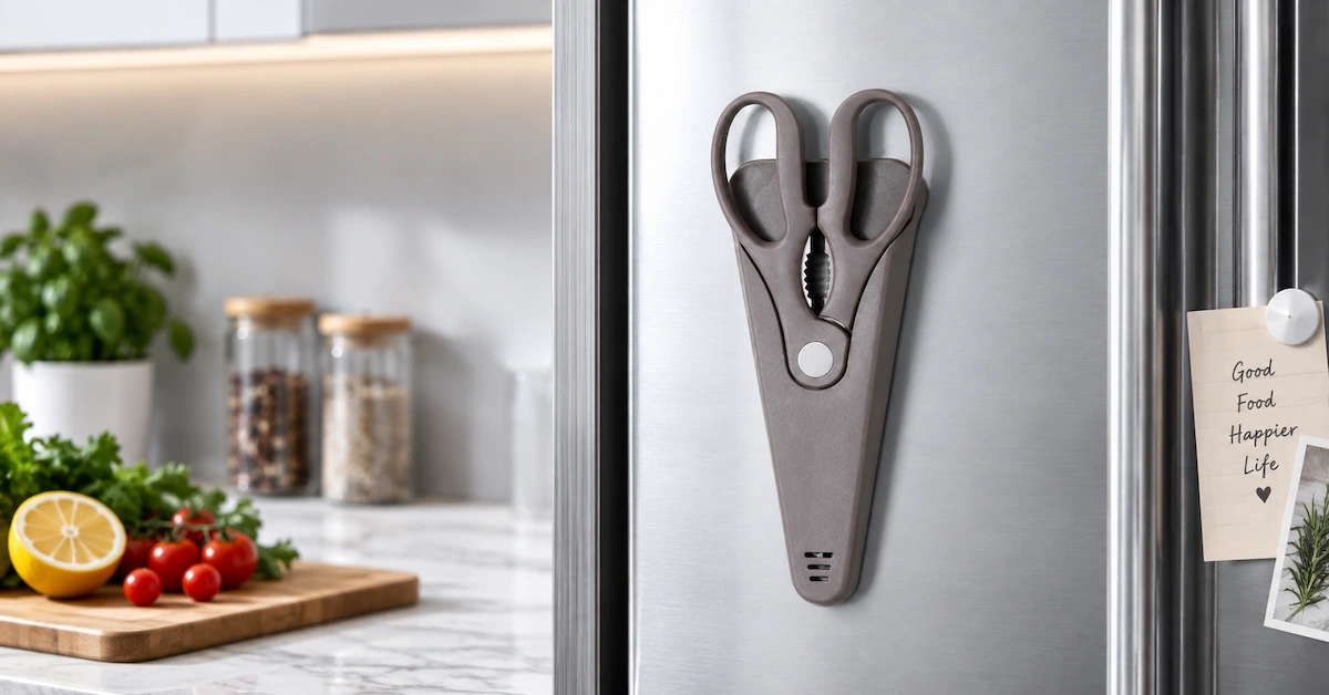 Magnetic kitchen scissors fridge storage scene