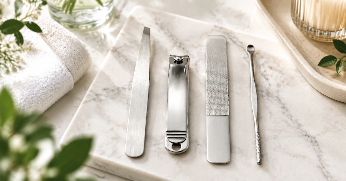 Scène à plat d'outils de manucure en acier inoxydable