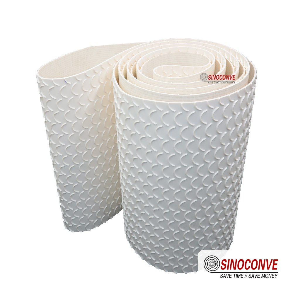 white patterned PVC belt with textured carrying surface