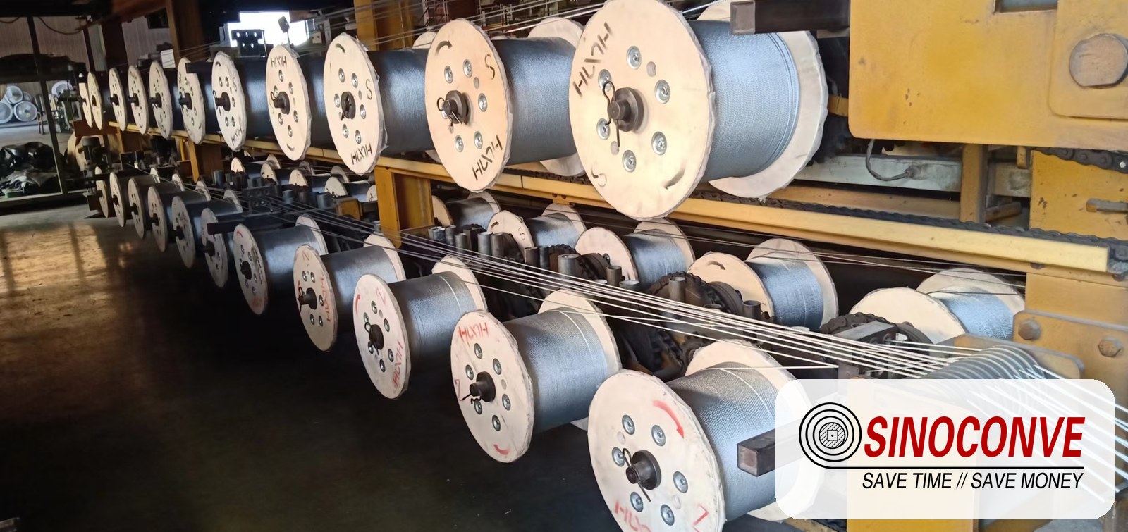 steel cord wire reels in a production rack