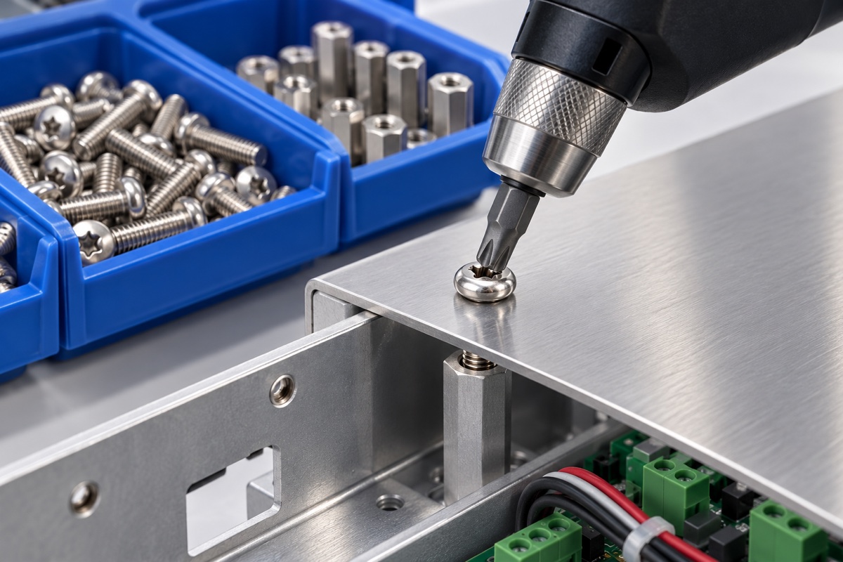 Stainless steel pan head machine screw installed in a metal electronics enclosure with a torque-controlled driver