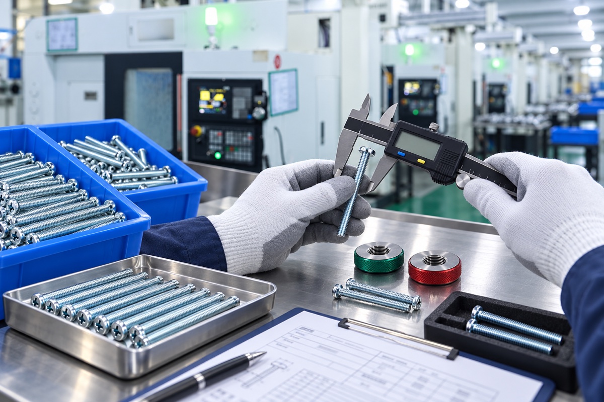 Quality inspection of zinc plated pan head machine screws using digital calipers and thread gauges
