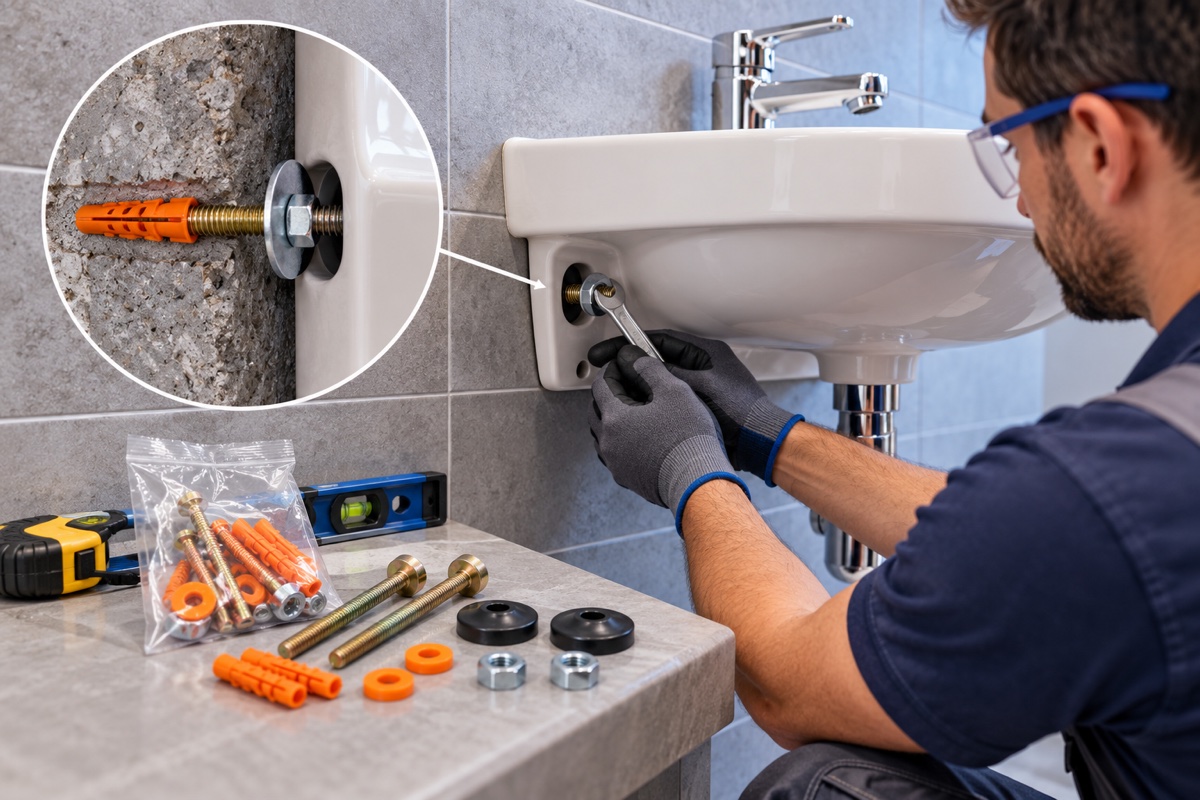 Professional installation of a wash basin fixing kit with screw wall plug washer and nut