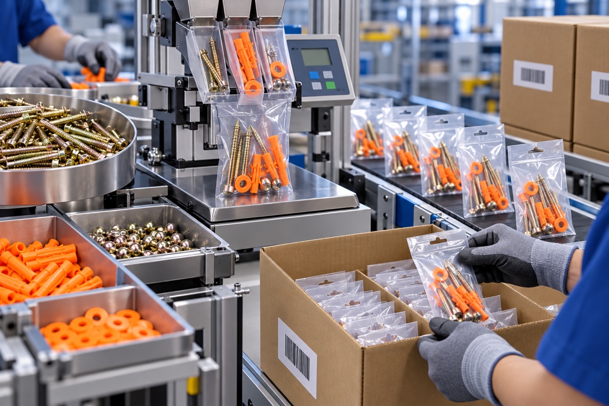Private label screw kit packaging line with counted screws plugs washers and retail ready packs
