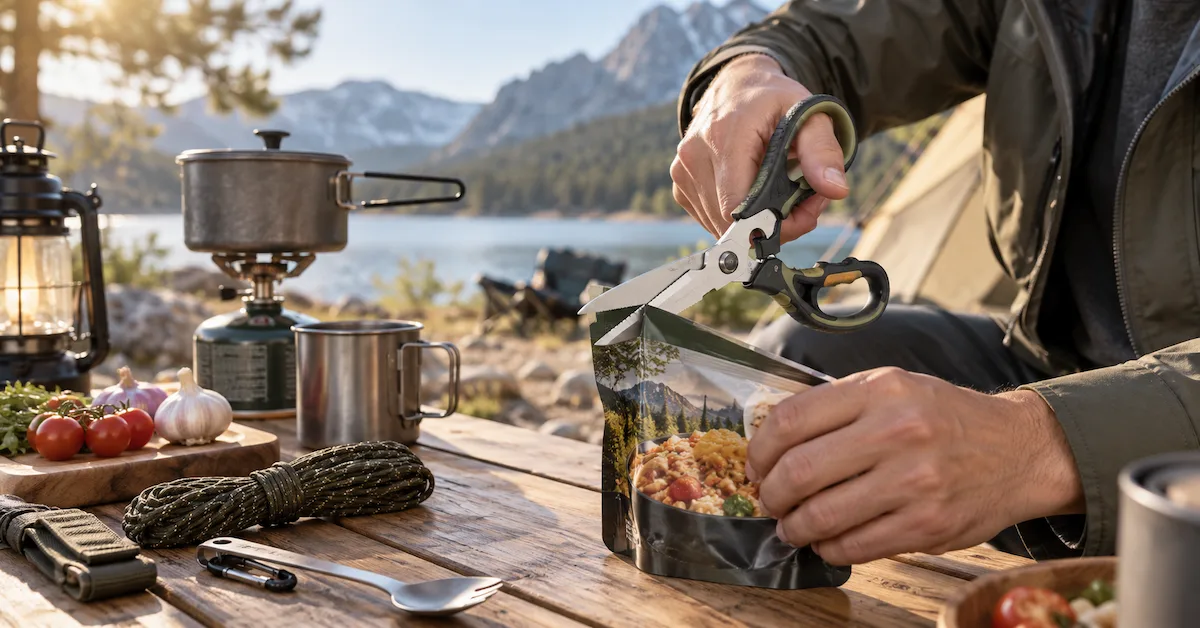Camping scissors cutting food packaging outdoors