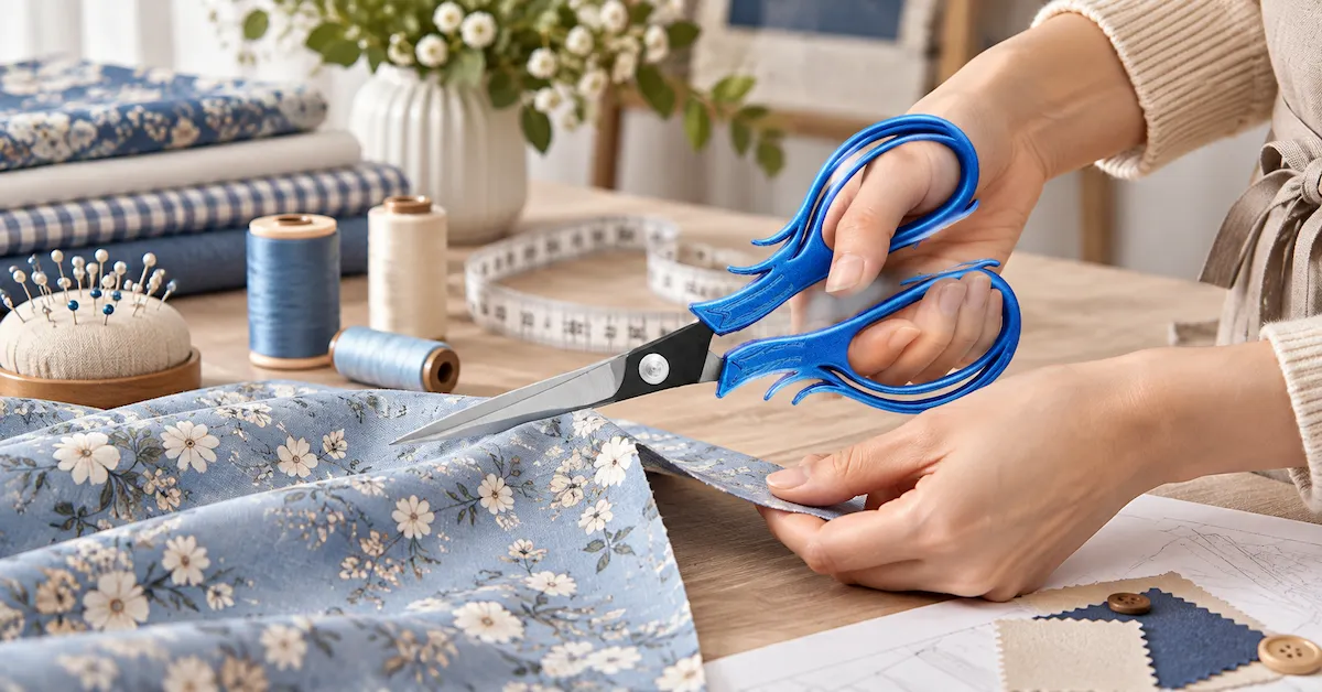 Private label scissors cutting floral fabric