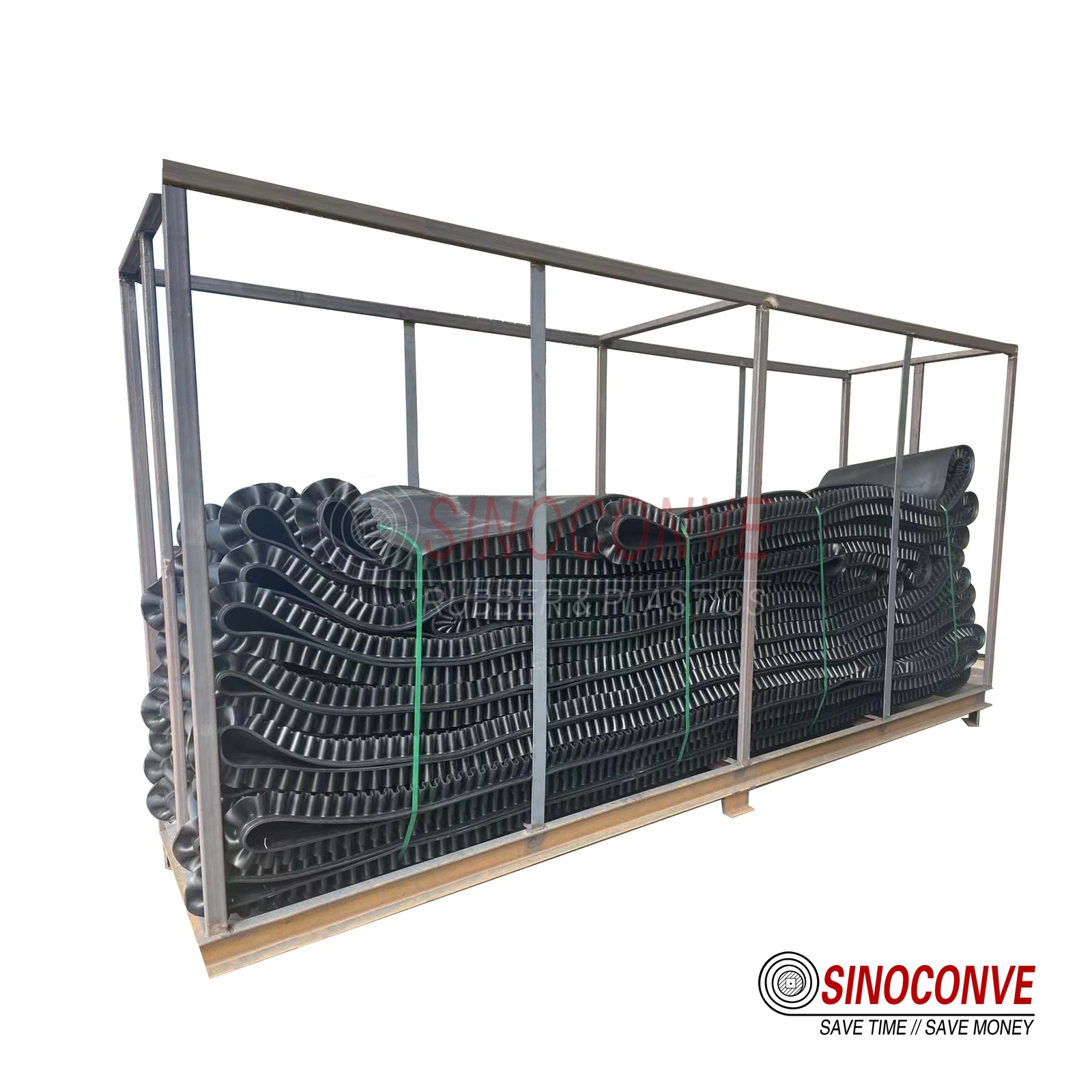 sidewall conveyor belts stored in a workshop rack