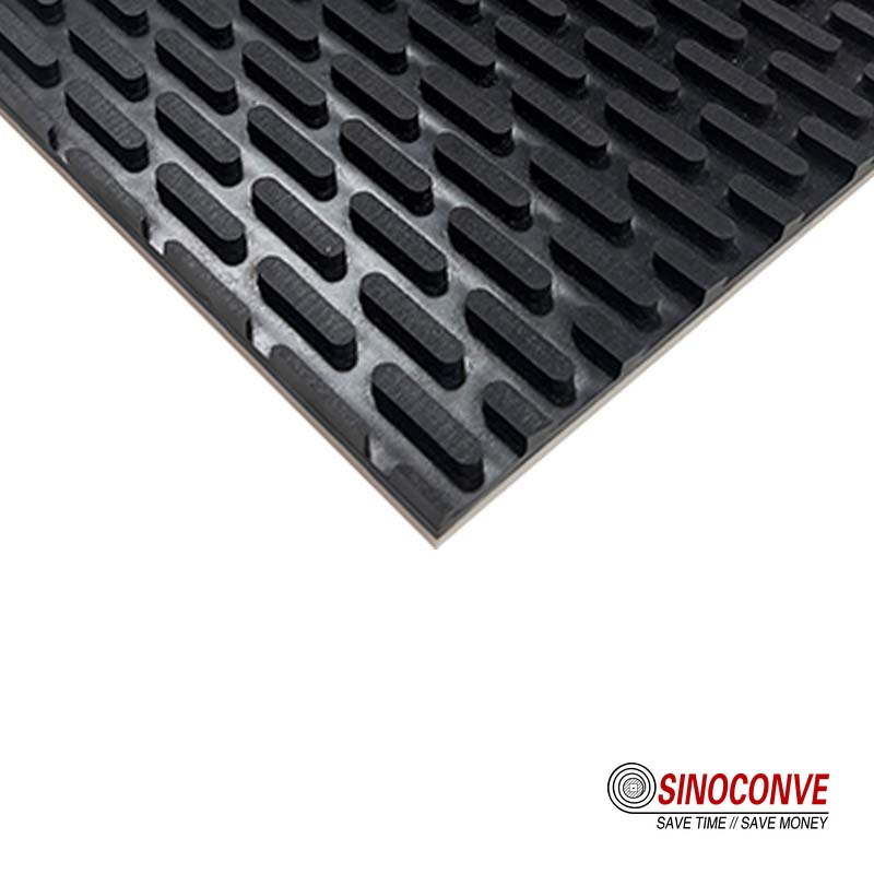 black conveyor belt with a raised staggered stud pattern