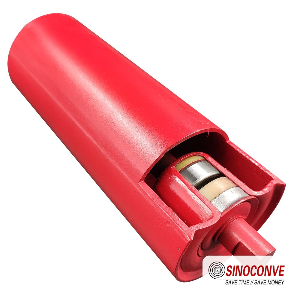 conveyor roller cut open to show the bearing and shaft assembly