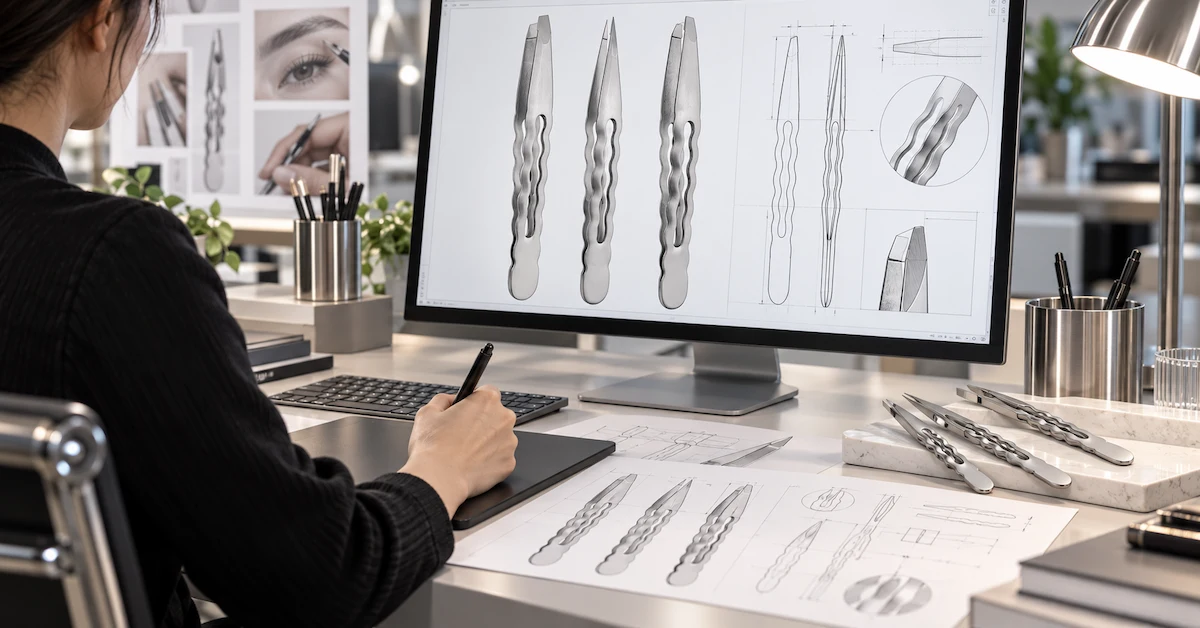 OEM tweezer design with CAD and tool sketches