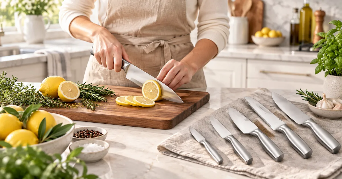 Hollow handle kitchen knife slicing lemons
