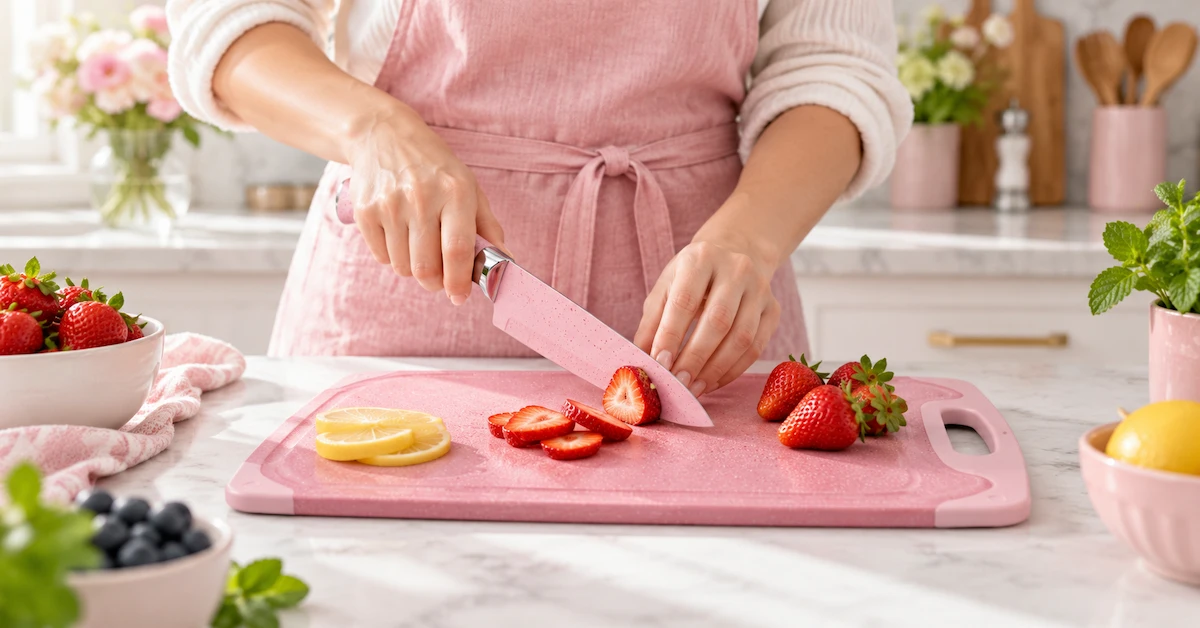 Pink kitchen knife slicing fresh strawberries