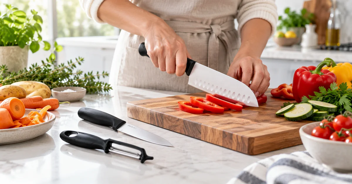 Kitchen knife set slicing red bell peppers
