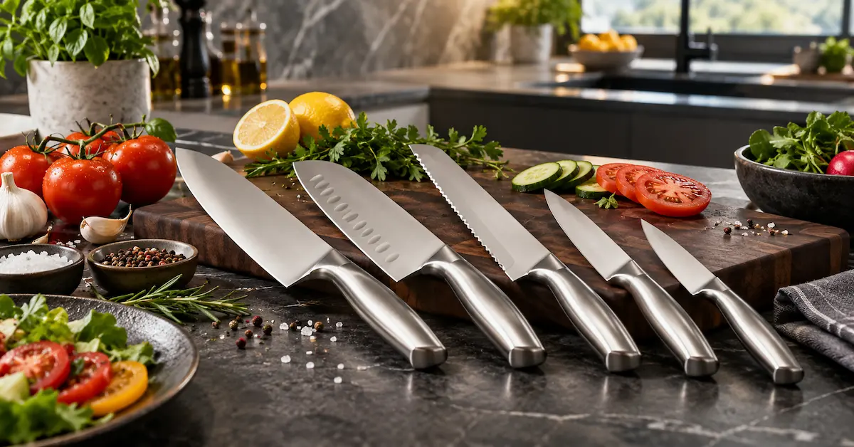 Stainless steel knife set with fresh vegetables