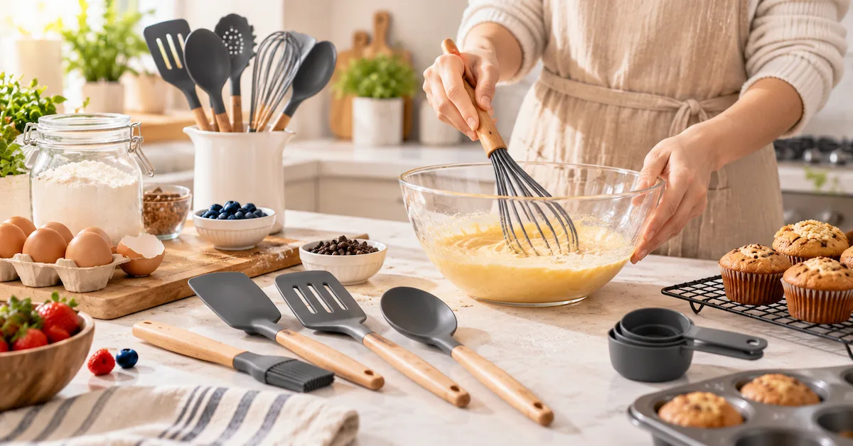 Kitchen utensils for baking and mixing at home
