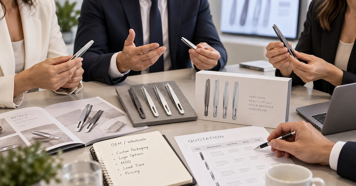 Buyers discuss wholesale tweezers in meetings