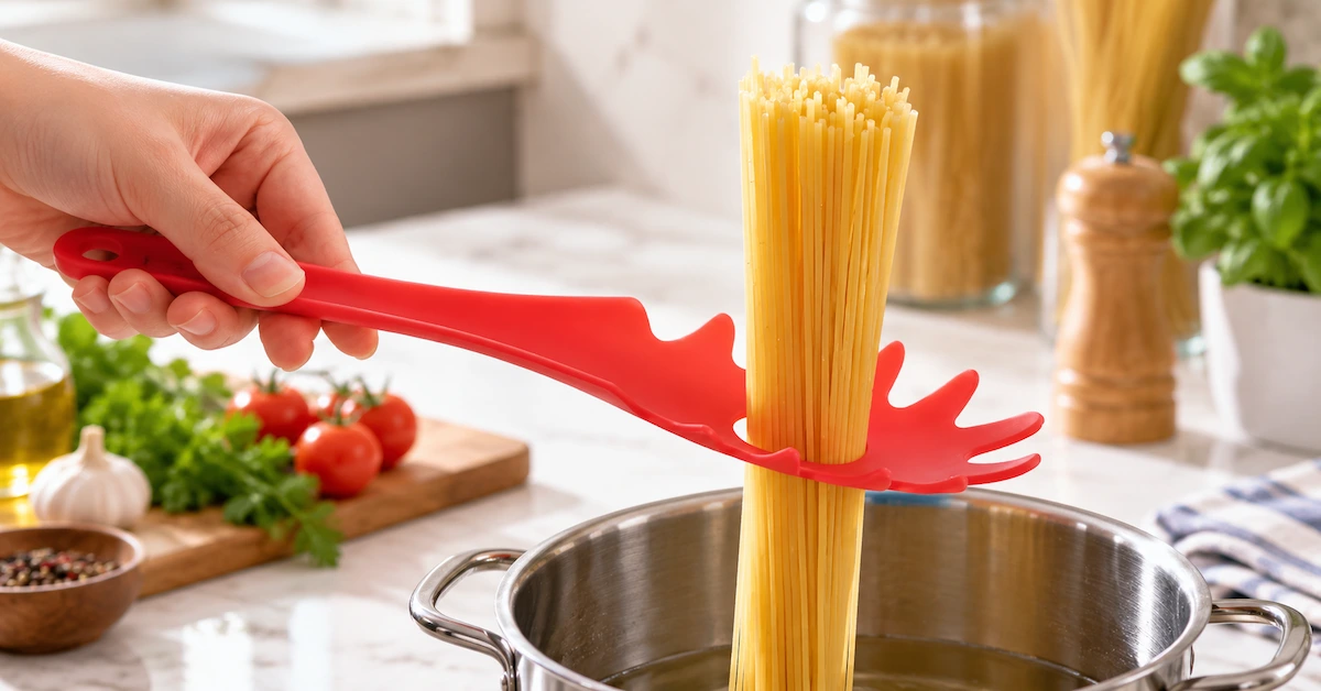 Red pasta server holding spaghetti over a pot
