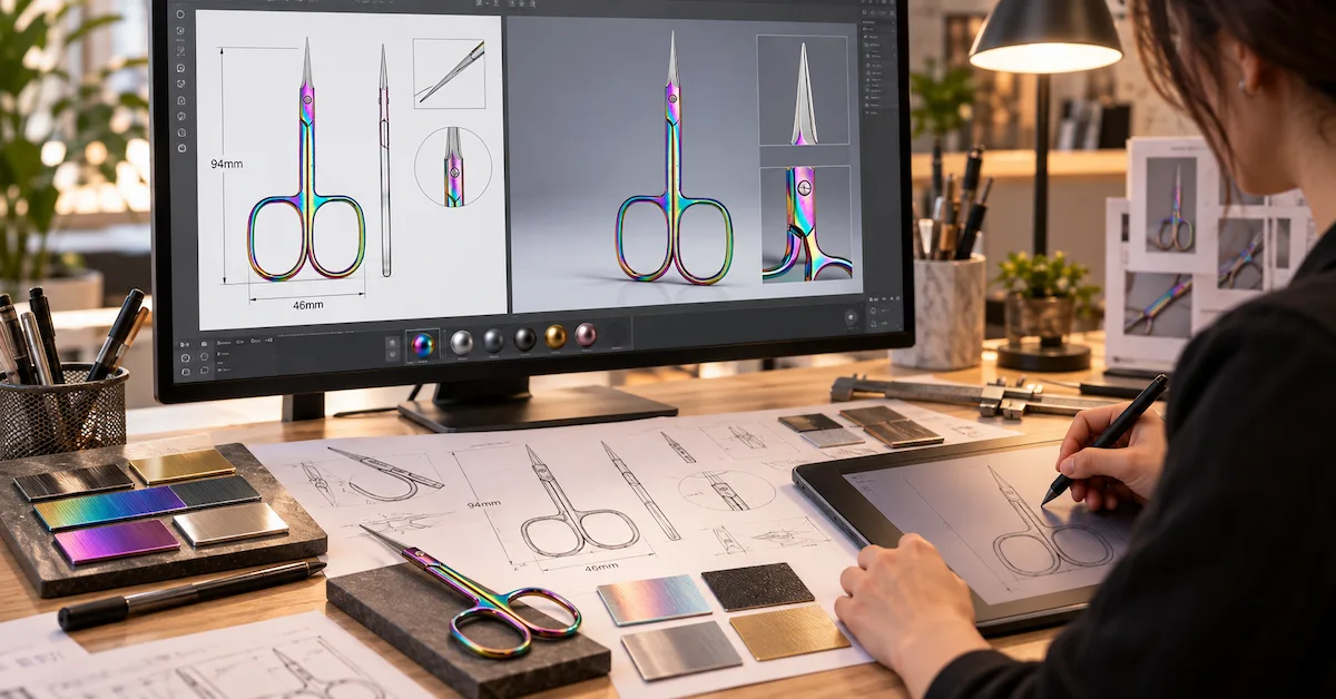 A designer creating rainbow grooming scissors