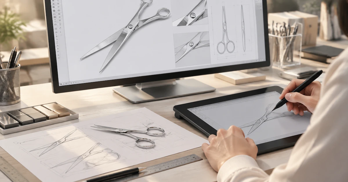 Designer sketching a stainless steel scissors