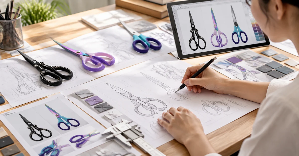 Croquis de conception de ciseaux par un designer
