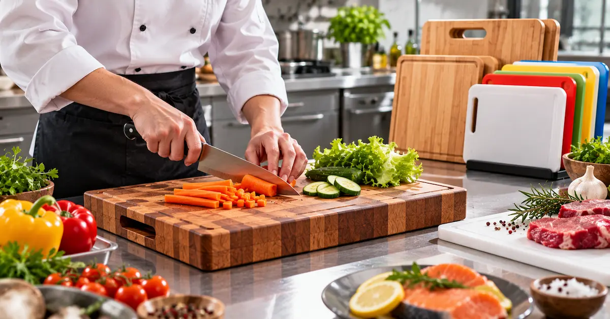 Chef using heavy duty chopping board in kitchen