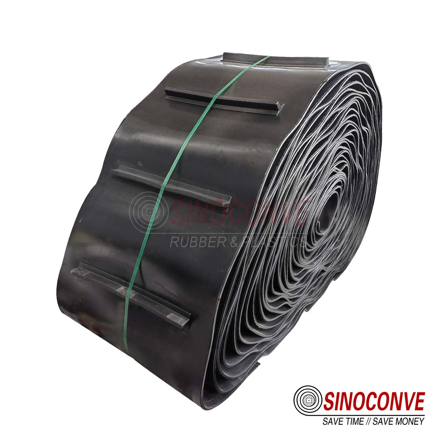 Cleated black belt roll used on an inclined tyre recycling conveyor belt