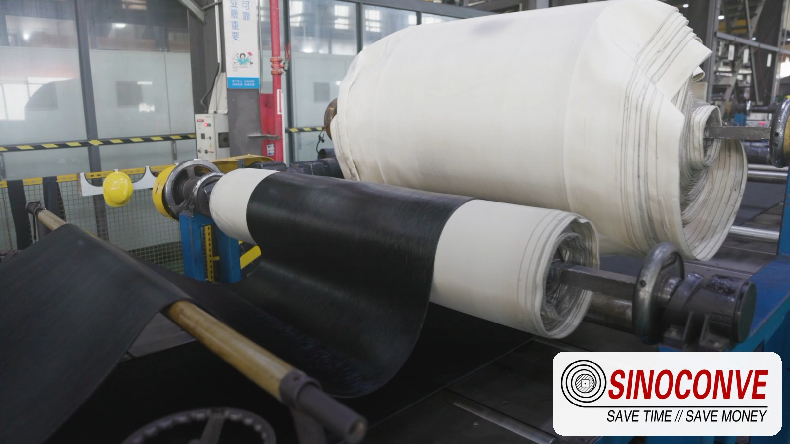 White conveyor belt roll on production equipment