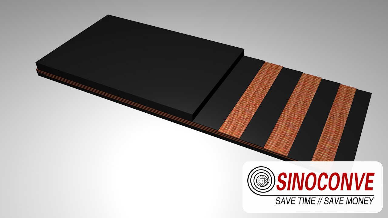 Cut-away view of the plies that carry load in a nylon conveyor belt